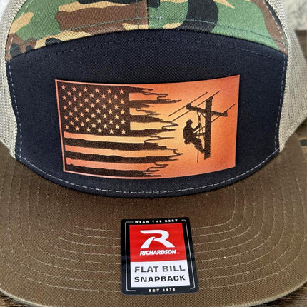 Lineman Flag Hat, Leather Patch Hat, Richardson 168 Flat Bill Snapback, Utility Worker Gift, American Flag Trucker Hat - Patch Palooza