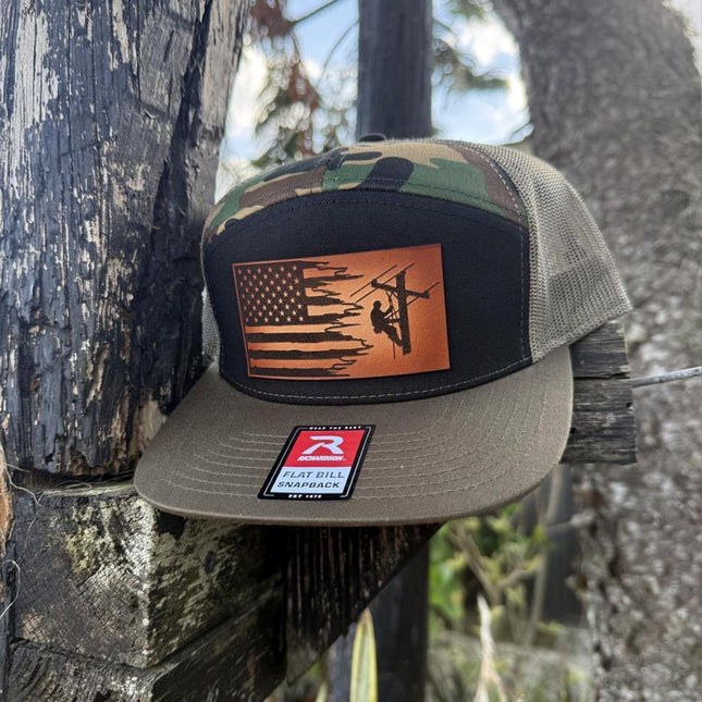 Lineman Flag Hat, Leather Patch Hat, Richardson 168 Flat Bill Snapback, Utility Worker Gift, American Flag Trucker Hat - Patch Palooza