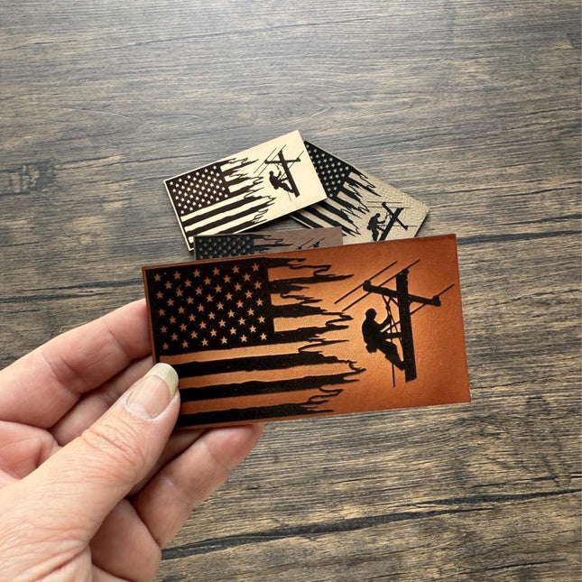 Lineman Flag Patch, Leather Patch for Utility Workers, American Flag Patch for Hats Bags Jackets, Lineman Gift - Patch Palooza