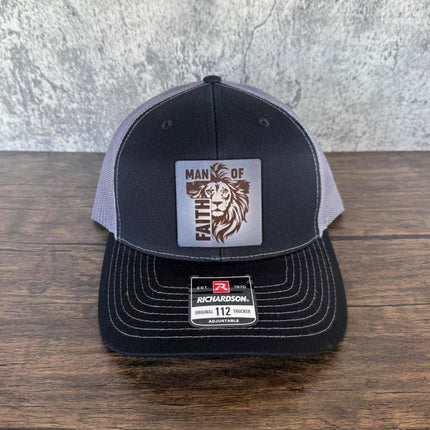 Man of Faith Hat – Richardson 112 Trucker Cap – Leather Patch Lion & Cross Design - Patch Palooza