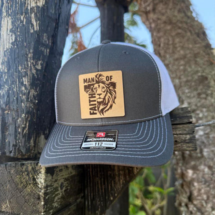 Man of Faith Hat – Richardson 112 Trucker Cap – Leather Patch Lion & Cross Design - Patch Palooza