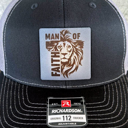 Man of Faith Hat – Richardson 112 Trucker Cap – Leather Patch Lion & Cross Design - Patch Palooza