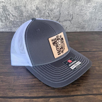 Man of Faith Hat – Richardson 112 Trucker Cap – Leather Patch Lion & Cross Design - Patch Palooza