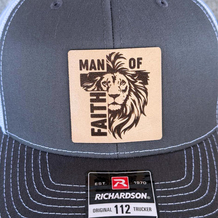 Man of Faith Hat – Richardson 112 Trucker Cap – Leather Patch Lion & Cross Design - Patch Palooza