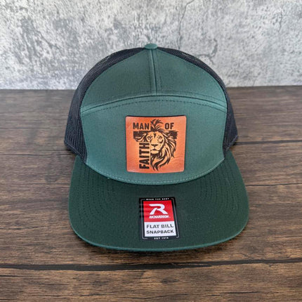 Man of Faith Hat – Richardson 168 Snapback – Leather Patch Lion & Cross Christian Hat - Patch Palooza