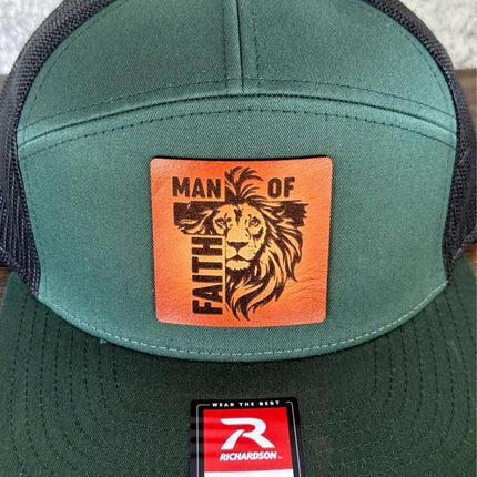 Man of Faith Hat – Richardson 168 Snapback – Leather Patch Lion & Cross Christian Hat - Patch Palooza