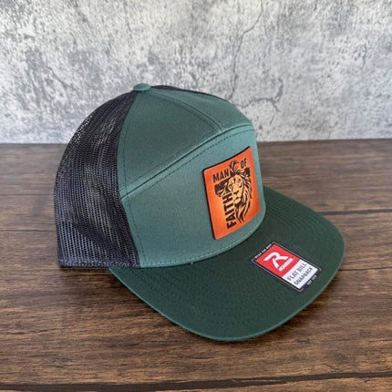 Man of Faith Hat – Richardson 168 Snapback – Leather Patch Lion & Cross Christian Hat - Patch Palooza