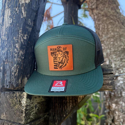 Man of Faith Hat – Richardson 168 Snapback – Leather Patch Lion & Cross Christian Hat - Patch Palooza