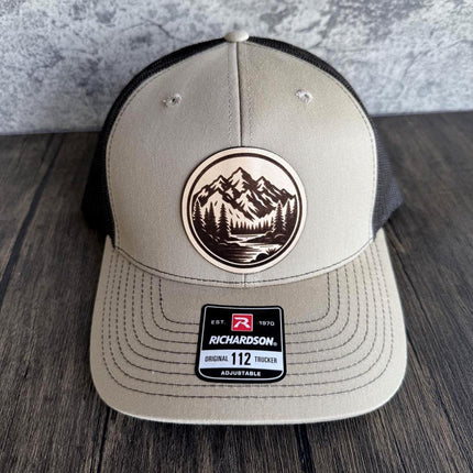 Front view of Richardson 112 hat with engraved mountain lake leather patch