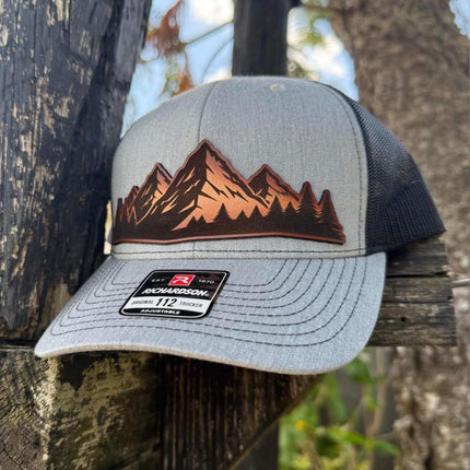 Mountain Vista Leather Patch Hat – Richardson 112 Trucker Cap – Hand - Painted Outdoor Scene - Patch Palooza
