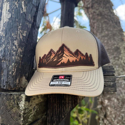 Mountain Vista Leather Patch Hat – Richardson 112 Trucker Cap – Hand - Painted Outdoor Scene - Patch Palooza