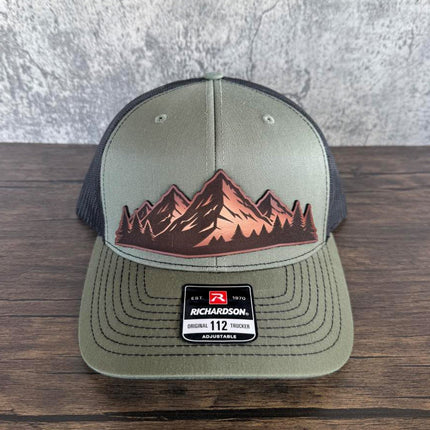 Mountain Vista Leather Patch Hat – Richardson 112 Trucker Cap – Hand - Painted Outdoor Scene - Patch Palooza