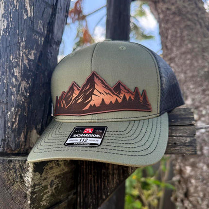 Mountain Vista Leather Patch Hat – Richardson 112 Trucker Cap – Hand - Painted Outdoor Scene - Patch Palooza