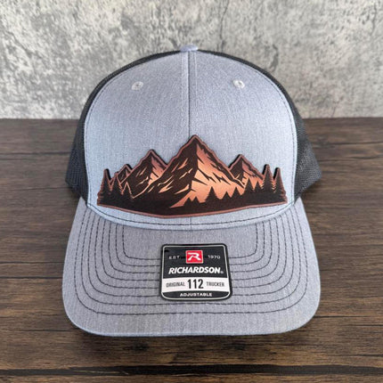 Mountain Vista Leather Patch Hat – Richardson 112 Trucker Cap – Hand - Painted Outdoor Scene - Patch Palooza