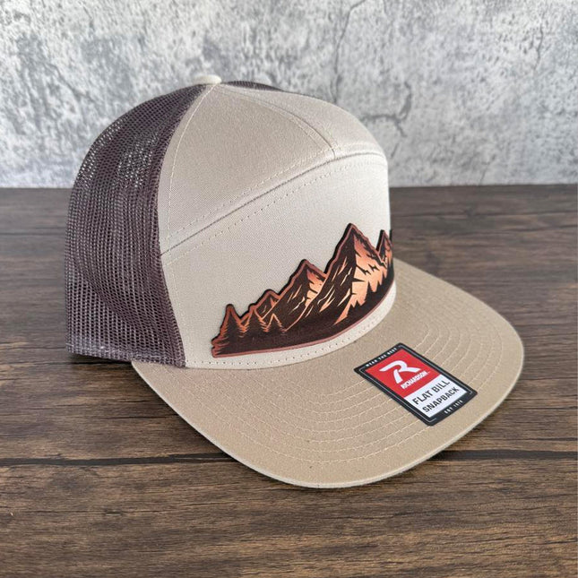 Mountain Vista Leather Patch Hat – Richardson 168 Snapback – Hand - Painted Mountain Scene Cap - Patch Palooza