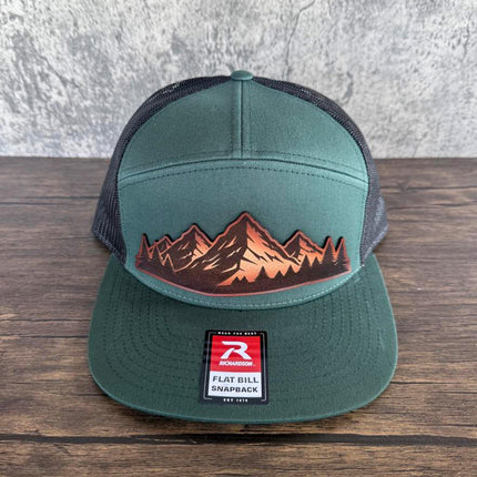 Mountain Vista Leather Patch Hat – Richardson 168 Snapback – Hand - Painted Mountain Scene Cap - Patch Palooza