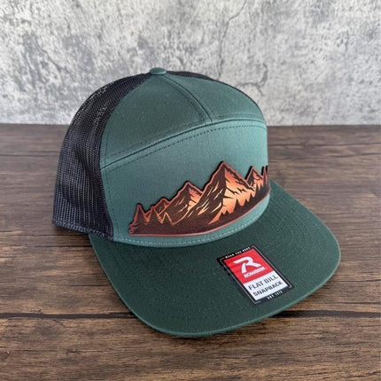 Mountain Vista Leather Patch Hat – Richardson 168 Snapback – Hand - Painted Mountain Scene Cap - Patch Palooza