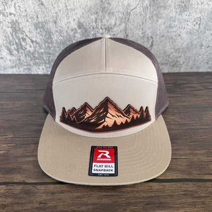 Mountain Vista Leather Patch Hat – Richardson 168 Snapback – Hand - Painted Mountain Scene Cap - Patch Palooza