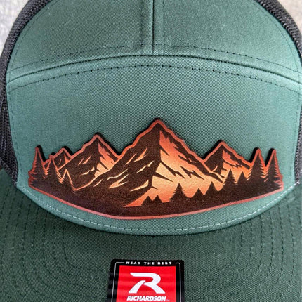 Mountain Vista Leather Patch Hat – Richardson 168 Snapback – Hand - Painted Mountain Scene Cap - Patch Palooza