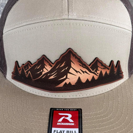 Mountain Vista Leather Patch Hat – Richardson 168 Snapback – Hand - Painted Mountain Scene Cap - Patch Palooza