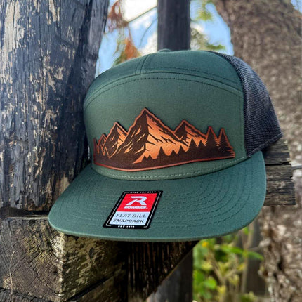 Mountain Vista Leather Patch Hat – Richardson 168 Snapback – Hand - Painted Mountain Scene Cap - Patch Palooza