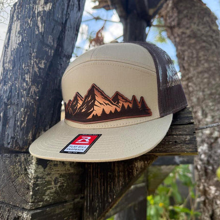 Mountain Vista Leather Patch Hat – Richardson 168 Snapback – Hand - Painted Mountain Scene Cap - Patch Palooza
