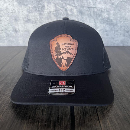 Front view of Richardson 112 hat with engraved Bigfoot leather patch