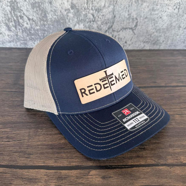 Redeemed Cross Hat – Richardson 112 Trucker Cap – Leather Patch Christian Hat - Patch Palooza
