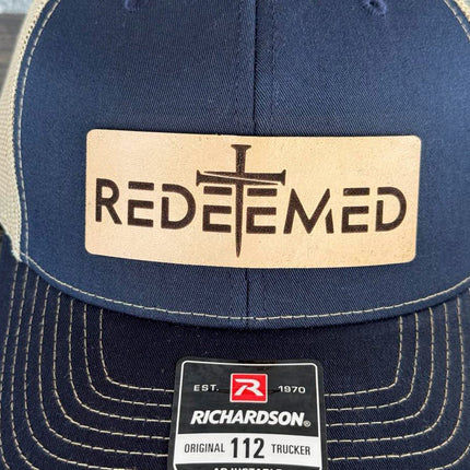 Redeemed Cross Hat – Richardson 112 Trucker Cap – Leather Patch Christian Hat - Patch Palooza