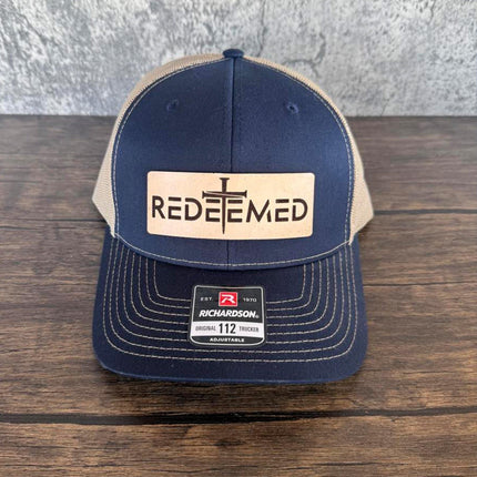 Redeemed Cross Hat – Richardson 112 Trucker Cap – Leather Patch Christian Hat - Patch Palooza