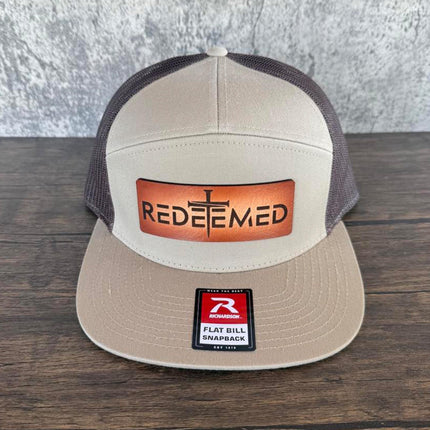Redeemed Cross Hat – Richardson 168 Snapback – Leather Patch Christian Flat Bill Cap - Patch Palooza