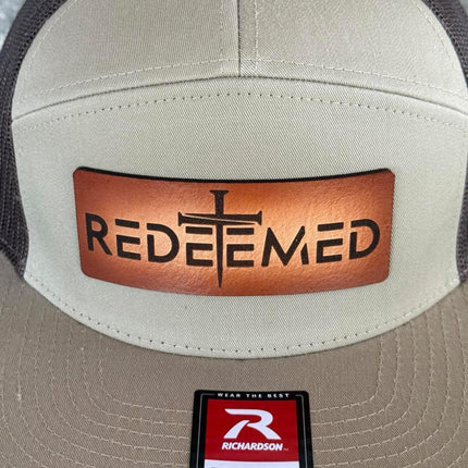 Redeemed Cross Hat – Richardson 168 Snapback – Leather Patch Christian Flat Bill Cap - Patch Palooza