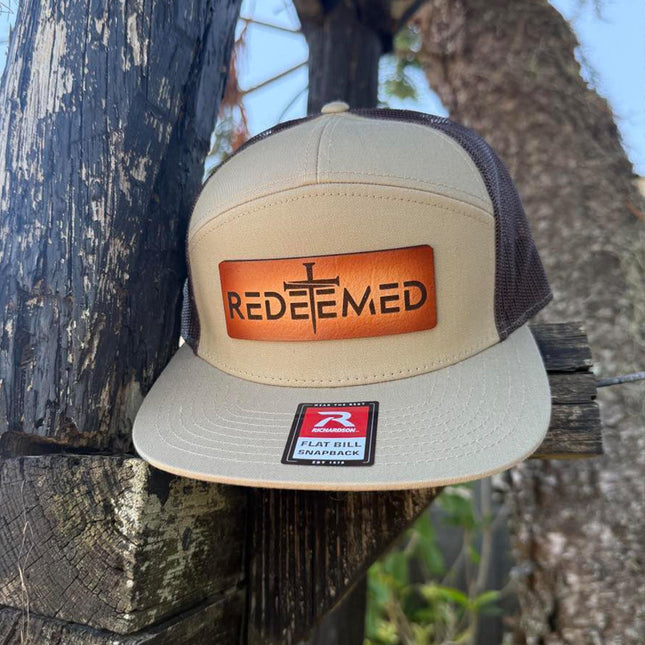 Redeemed Cross Hat – Richardson 168 Snapback – Leather Patch Christian Flat Bill Cap - Patch Palooza