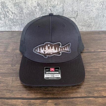 River Scene Fish Hat – Richardson 112 Trucker Cap – Leather Patch Fishing Design - Patch Palooza