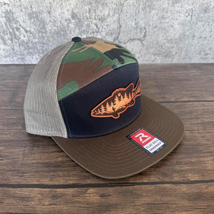 River Scene Fish Hat – Richardson 168 Snapback – Leather Patch Fishing Silhouette Cap - Patch Palooza