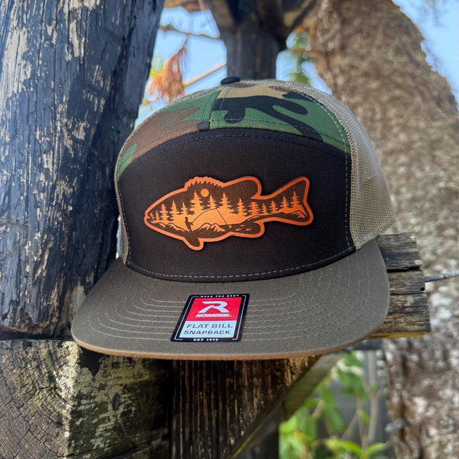 River Scene Fish Hat – Richardson 168 Snapback – Leather Patch Fishing Silhouette Cap - Patch Palooza