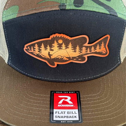 River Scene Fish Hat – Richardson 168 Snapback – Leather Patch Fishing Silhouette Cap - Patch Palooza