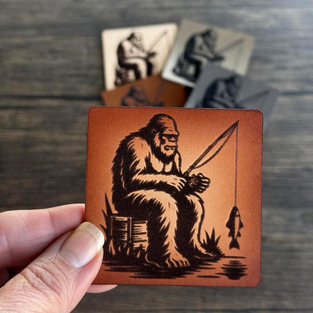 Sasquatch Fishing Leather Patch - Choose Your Color - patchpalooza