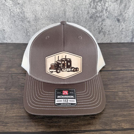 Semi Truck Hat, Leather Patch Trucker Hat, Richardson 112 Cap for Drivers, Big Rig Hat, Gift for Truckers - Patch Palooza