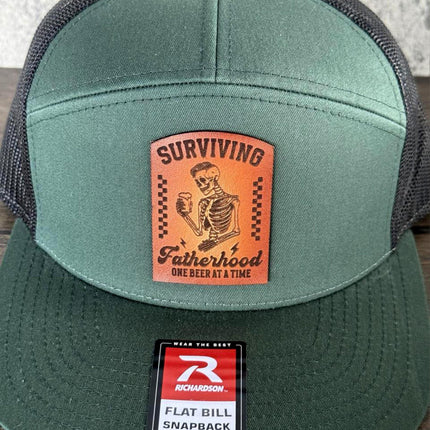 Surviving Fatherhood Hat, Leather Patch Dad Hat, Richardson 168 Flat Bill Snapback, Funny Beer Dad Gift, Father's Day Hat - Patch Palooza