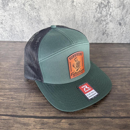 Surviving Fatherhood Hat, Leather Patch Dad Hat, Richardson 168 Flat Bill Snapback, Funny Beer Dad Gift, Father's Day Hat - Patch Palooza