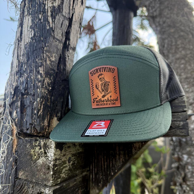 Surviving Fatherhood Hat, Leather Patch Dad Hat, Richardson 168 Flat Bill Snapback, Funny Beer Dad Gift, Father's Day Hat - Patch Palooza