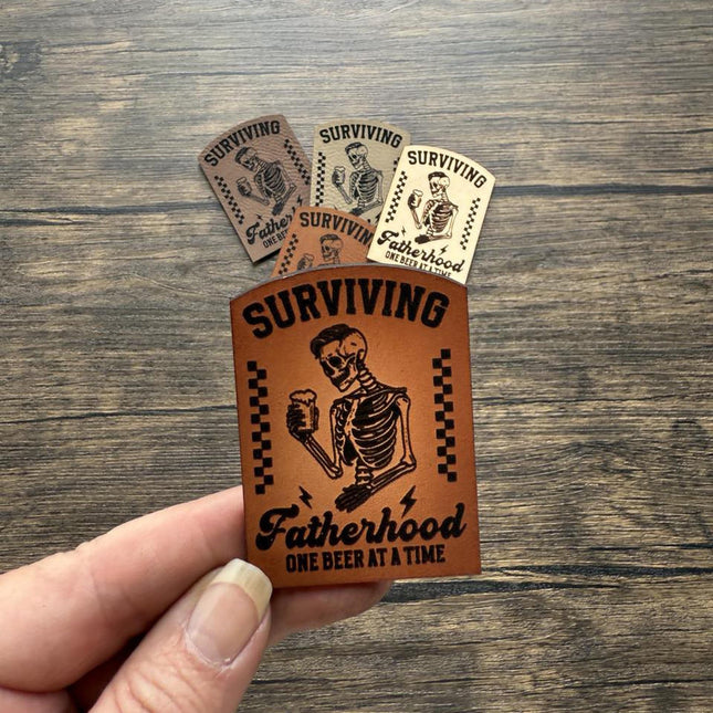 Surviving Fatherhood Patch, Funny Beer Dad Leather Patch, Skeleton Patch for Hats Bags Jackets, Father's Day Gift - Patch Palooza