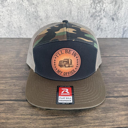 Trucker Hat I'll Be in My Office, Leather Patch Hat, Richardson 168 Flat Bill Snapback, Semi Truck Hat, Gift for Truck Drivers - Patch Palooza