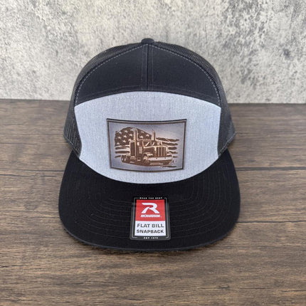 Trucker Hat with Semi and Flag, Leather Patch Hat, Richardson 168 Flat Bill Snapback, Patriotic Hat, Gift for Truck Drivers - Patch Palooza