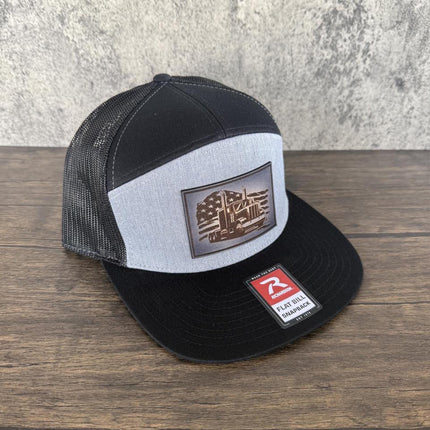 Trucker Hat with Semi and Flag, Leather Patch Hat, Richardson 168 Flat Bill Snapback, Patriotic Hat, Gift for Truck Drivers - Patch Palooza