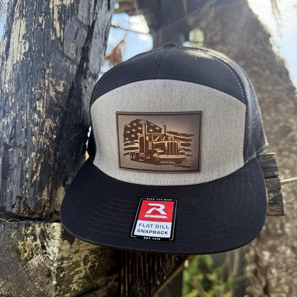 Trucker Hat with Semi and Flag, Leather Patch Hat, Richardson 168 Flat Bill Snapback, Patriotic Hat, Gift for Truck Drivers - Patch Palooza