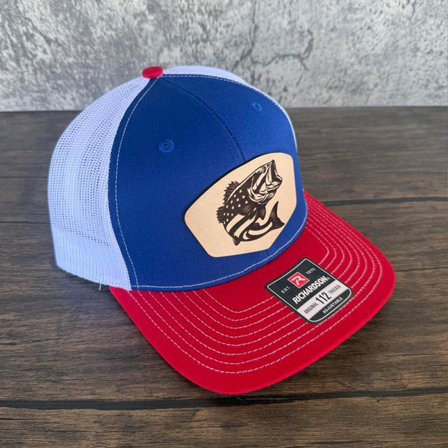 USA Bass Flag Leather Patch Hat β Richardson 112 Trucker Cap β Patriotic Fishing Hat - Patch Palooza