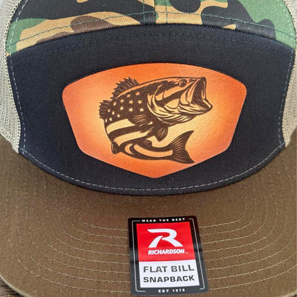 USA Bass Flag Leather Patch Hat – Richardson 168 Flat Bill Snapback – Patriotic Fishing Cap - Patch Palooza