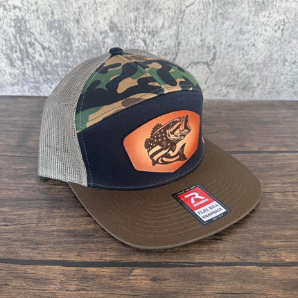 USA Bass Flag Leather Patch Hat – Richardson 168 Flat Bill Snapback – Patriotic Fishing Cap - Patch Palooza